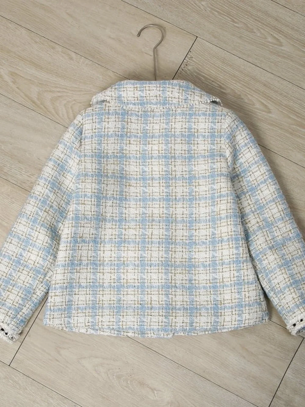 Girls' Cream & Light Blue Plaid Tweed Jacket and Skirt Set